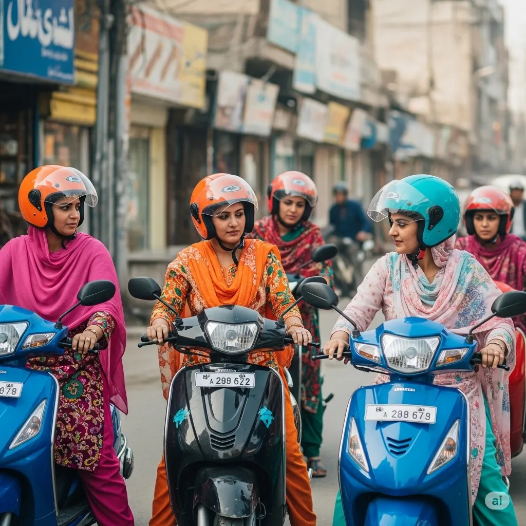 Female teachers commuting on scooters in rural areas