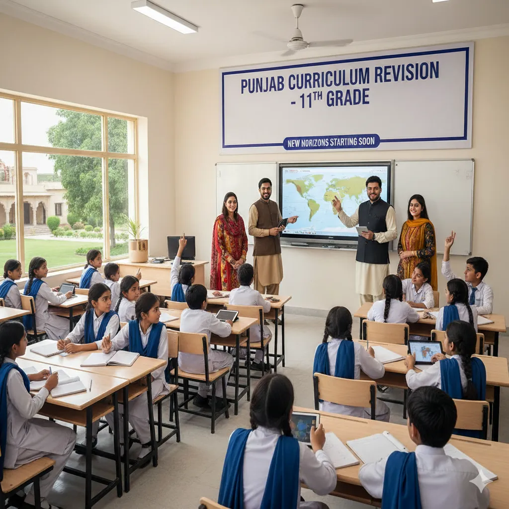 Students and teachers in a Pakistani Punjab classroom discussing the upcoming 11th-grade curriculum revision, with a banner on the wall reflecting 'Punjab Curriculum Revision - 11th Grade