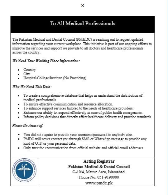 PMDC working place data map of medical professionals in Pakistan