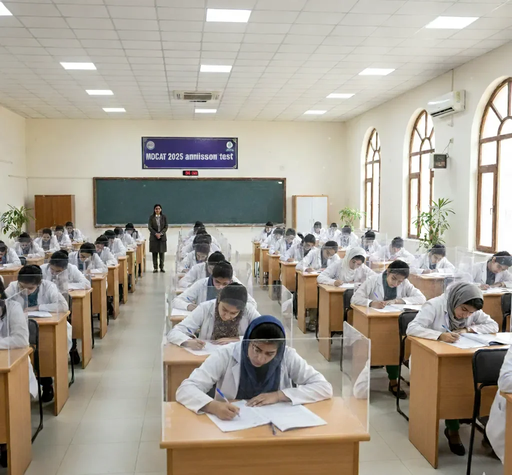 Printed MDCAT 2025 admit card showing test center and seat number details