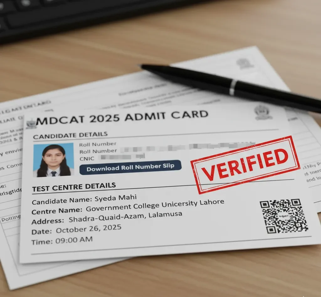 Student downloading MDCAT 2025 roll number slip from UHS website