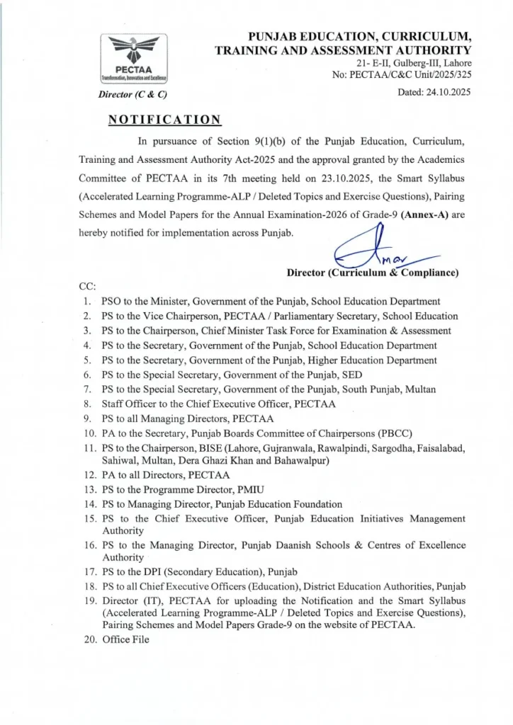PECTAA Smart Syllabus 2025–26 Notification for Grade 9
