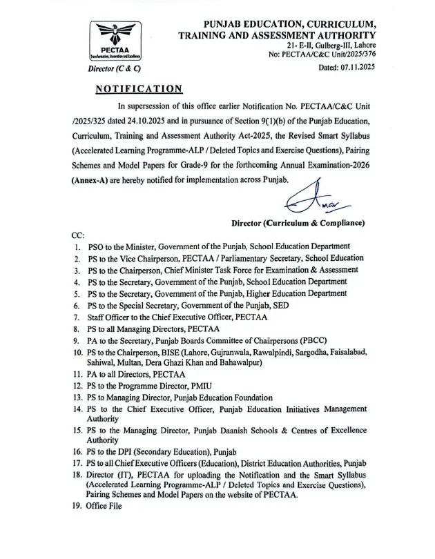 Official notification of the Smart Syllabus 2025-26 for Grade 9 issued by PECTAA Punjab