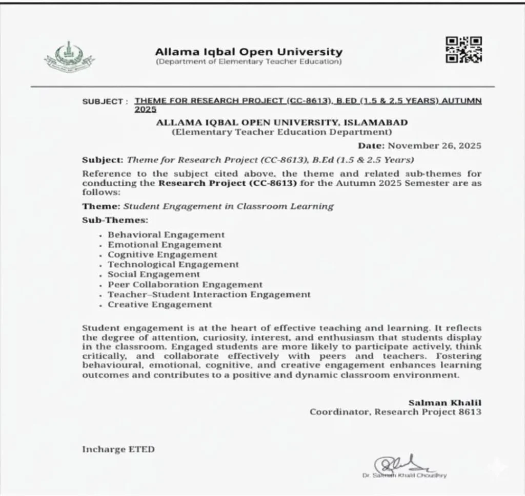 AIOU 8613 Student Engagement Research Project classroom learning