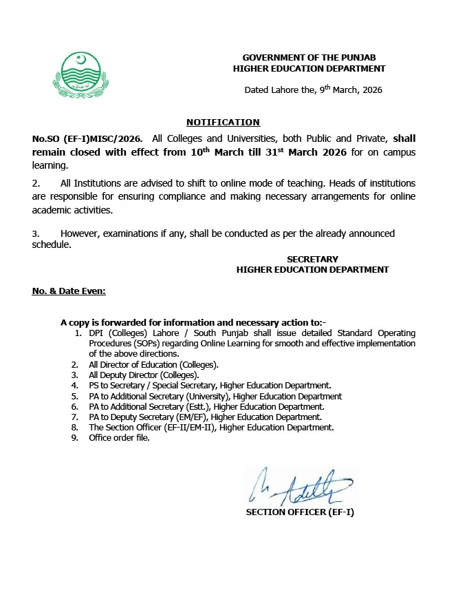 Punjab colleges closed March 2026 notification