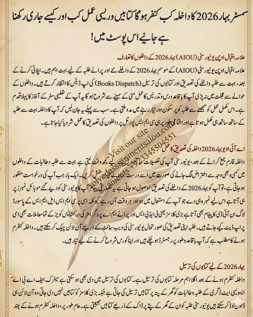 AIOU Spring 2026 admission confirmation and books dispatch guide