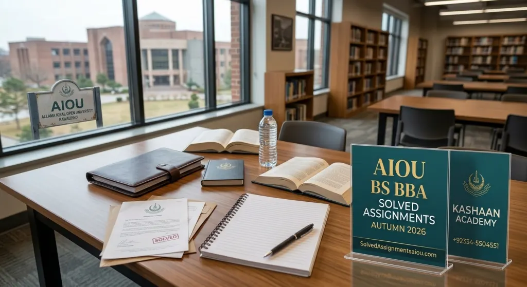 aaghi-lms-assignment-upload-steps-aiou.webp Student studying AIOU BS BBA Autumn 2026 assignments on a laptop with books and notes on a desk